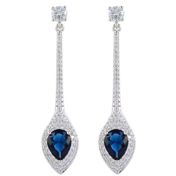 18K White Gold with Blue Sapphire and White Diamond CZ Dangling Post Earrings - Picture 1 of 4
